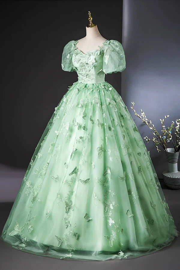 Wholesale Green Tulle Long A-Line Prom Dress with Butterfly Lace Beautiful Short Sleeve Evening Dress